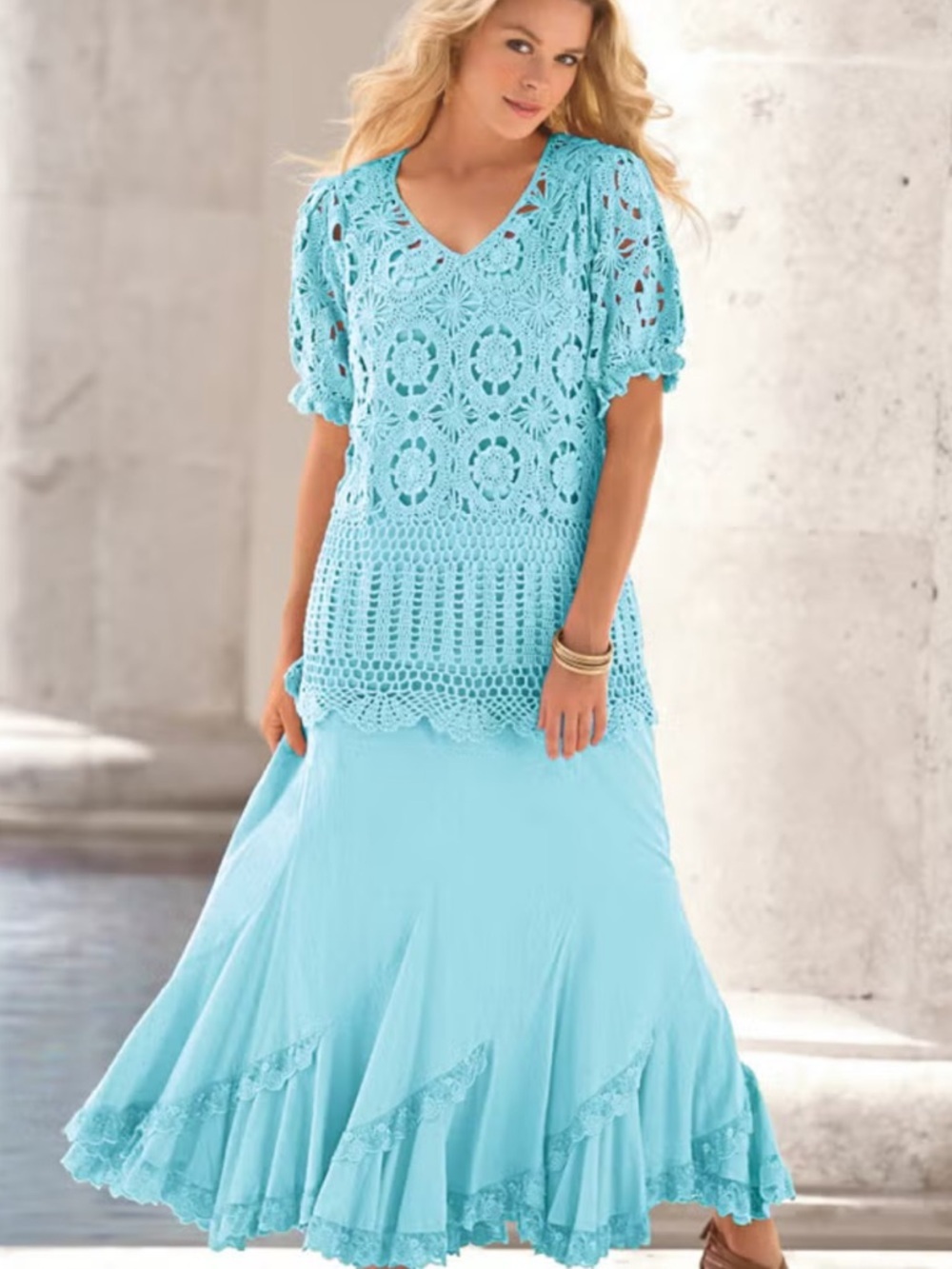 Roaman’s Mint Crochet Top Lace Maxi Cotton Skirt Set Boho Ramie Cottagecore 12